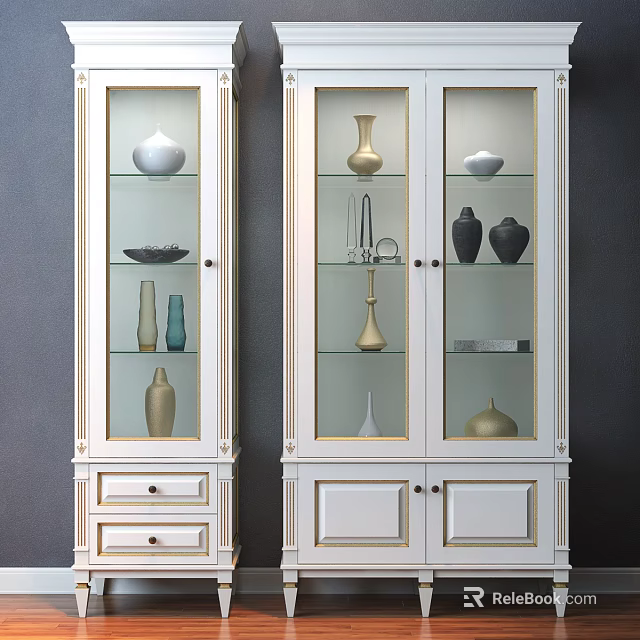 White Display Cabinets With Glass Doors And Decorative Items On Shelves 3d model 