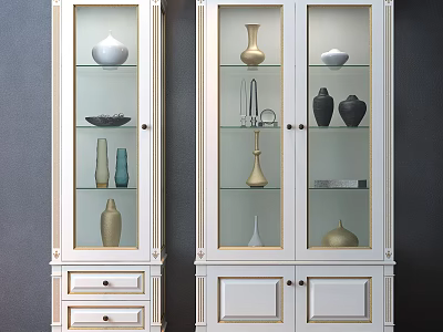 White Display Cabinets With Glass Doors And Decorative Items On Shelves 3d model