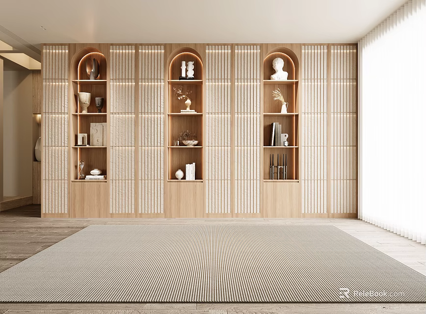 Elegant Wooden Bookshelf With Modern Design Arched Niches And Decorative Items 3d model 