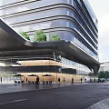 Modern Office Building Exterior With Glass Facade Greenery And Twin Connected Towers
