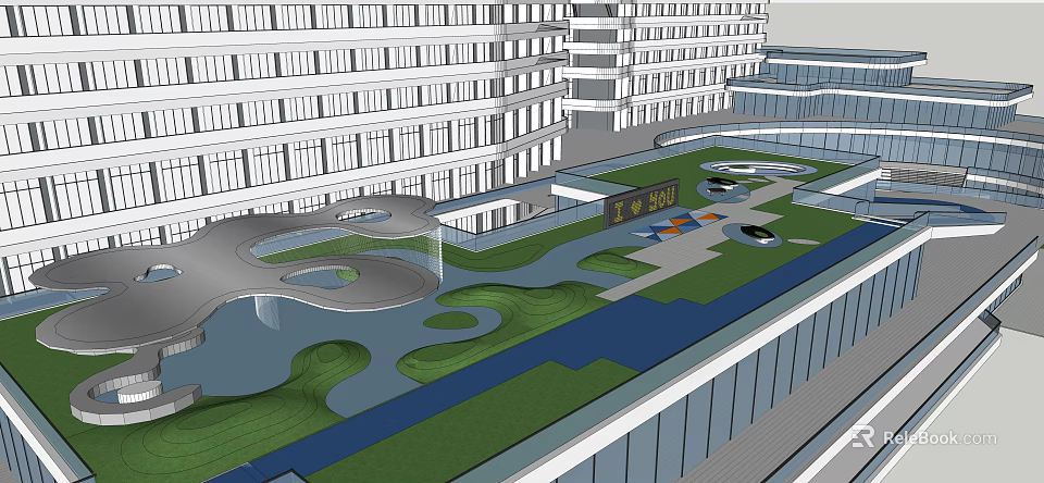 Lush Urban Roof Garden With Green Lawn Water Features And Walking Paths 3d model 