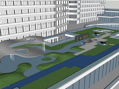 Lush Urban Roof Garden With Green Lawn Water Features And Walking Paths 3d model