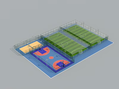 Indoor Basketball Gym With Multiple Courts Blue Flooring And Fencing Facilities 3d model