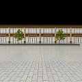 Modern Commercial Street Building With Beige Brown Exterior Large Glass Windows Green Trees Paved Square