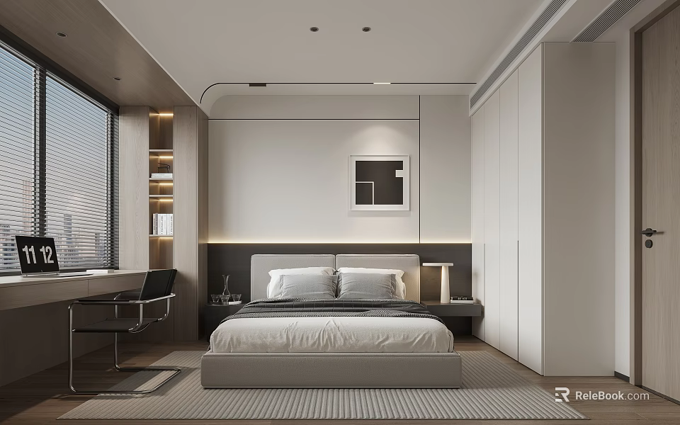 Modern Bedroom Interior Design With White Walls Bed Desk Chair And Window Blinds 3d model 