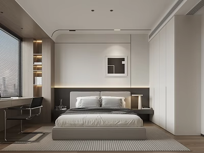 Modern Bedroom Interior Design With White Walls Bed Desk Chair And Window Blinds 3d model