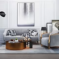 Modern Sofa And Coffee Table Set With Gray Upholstery Patterned Pillows Round Copper Accent Chair 3d model