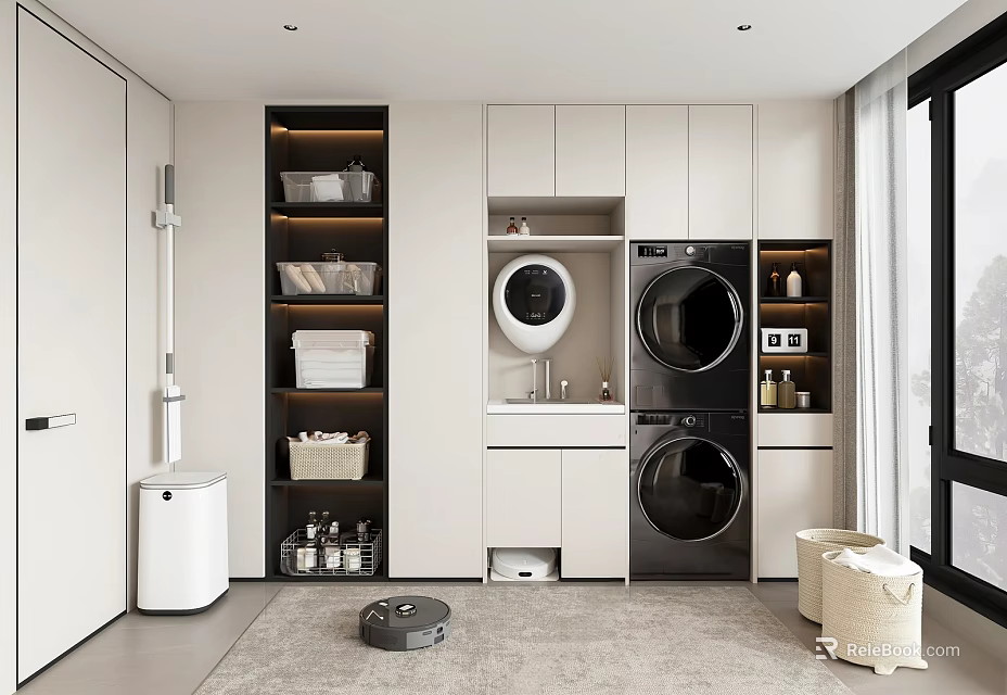 Modern Laundry Room With Functional Storage Shelving And Washing Machine Dryer 3d model