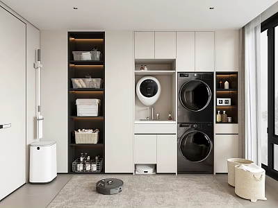 Modern Laundry Room With Functional Storage Shelving And Washing Machine Dryer 3d model