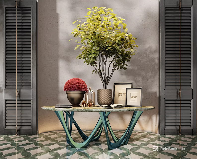 Stylish Entryway Console Table With Marble Top Green Base And Decorative Plant Vase Photo Frames 3d model 