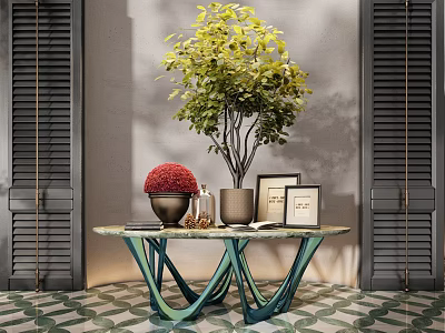 Stylish Entryway Console Table With Marble Top Green Base And Decorative Plant Vase Photo Frames 3d model