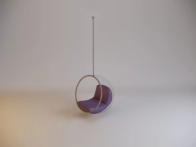 Modern Round Hanging Chair Design With Purple Cushion And Metal Chain Suspension 3d model