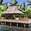 Landscape Pavilion with Thatch Roof on Wooden Deck Surrounded by Palm Trees Over Water