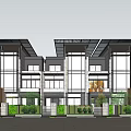 Modern Townhouse Exterior Design With Large Glass Windows And Greenery Landscaping