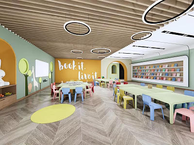 Preschool Classroom Interior With Colorful Tables Chairs Bookshelves Round Lights And Decorations 3d model