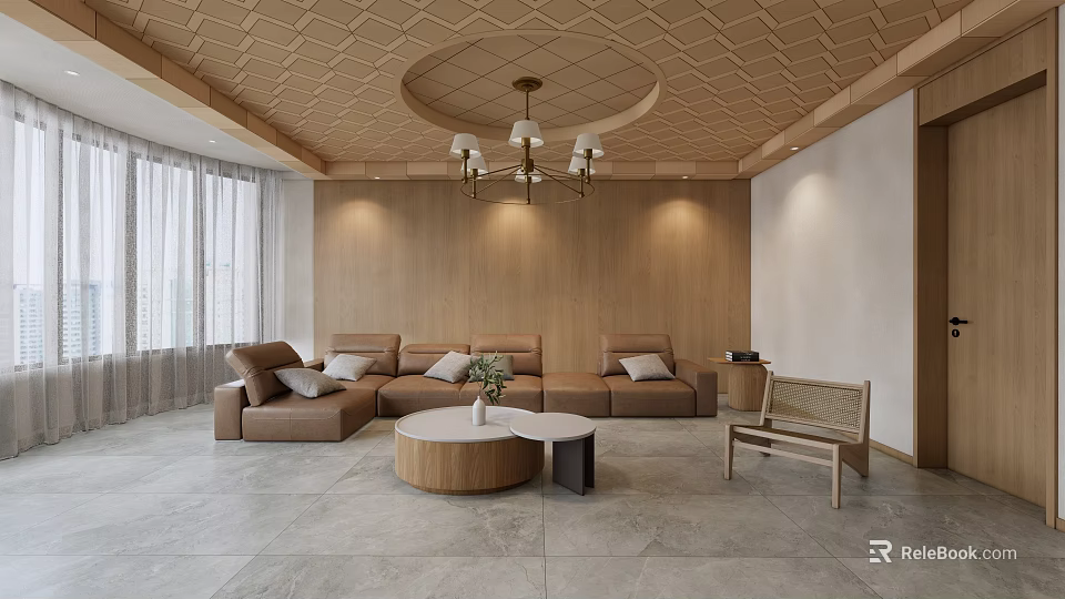 Modern Front Desk Reception Area With Wooden Wall Sofa Seating And Pendant Light 3d model 