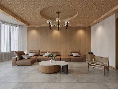 Modern Front Desk Reception Area With Wooden Wall Sofa Seating And Pendant Light 3d model
