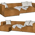 Modern Brown Tufted Sectional Sofa With White Cushions And Gray Blanket 3d model