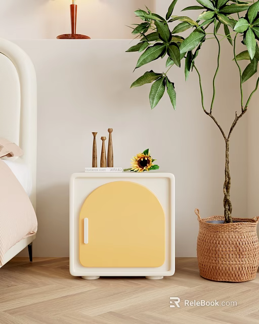 Yellow Door Curved White Nightstand With Wooden Decor And Sunflower Near Woven Basket Plant 3d model 