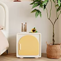 Yellow Door Curved White Nightstand With Wooden Decor And Sunflower Near Woven Basket Plant