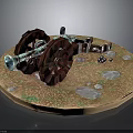 Vintage Cannon With Metal Barrel Large Wooden Wheels On Circular Stone Base And Green Grass