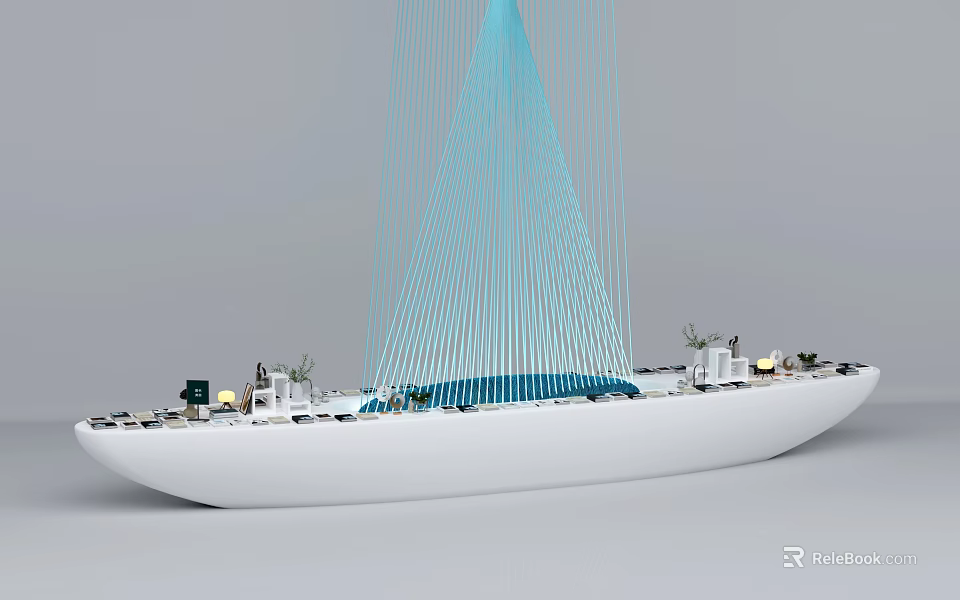 Modern Futuristic Ship With Blue Sail Like Structure And Technological Deck Equipment 3d model