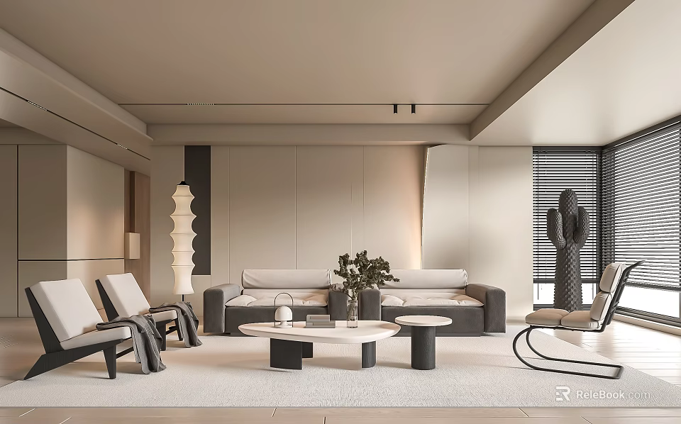 Modern Living Room Interior Design With Sofa Coffee Tables Floor Lamp Plants And Window Blinds 3d model 