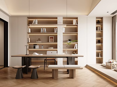 Modern Study Room Interior Design With Bookshelves Desk Books Decorations And Pendant Lights 3d model