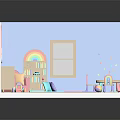 Cartoon Playroom Scene With Rainbow Clouds Bookshelf And Colorful Puzzle Mat Toys