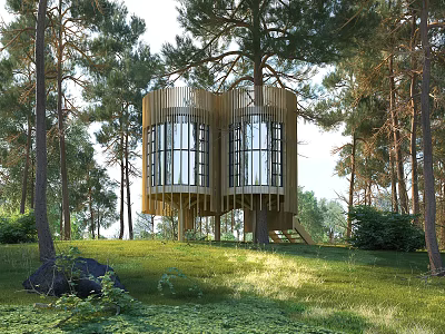 Modern Wooden House in Forest With Large Windows and Elevated Structure 3d model