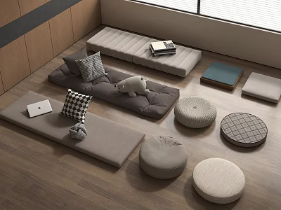 Modern Sofa And Coffee Table Set With Pillows Ottomans Laptop And Books On Wooden Floor 3d model
