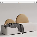 Multi Seater Sofa With Beige Upholstery Round Brown Backrests And Gray Throw Blanket