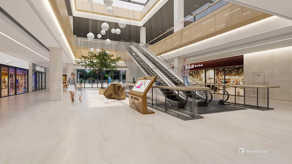 Modern Shopping Mall Interior With Escalators Hanging Lights Green Plants And MUJI Store 3d model 