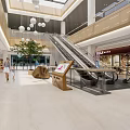 Modern Shopping Mall Interior With Escalators Hanging Lights Green Plants And MUJI Store