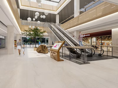 Modern Shopping Mall Interior With Escalators Hanging Lights Green Plants And MUJI Store 3d model