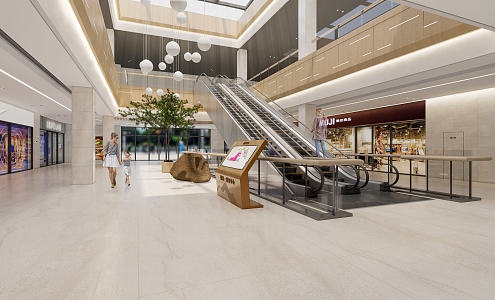 Modern shopping mall interior atrium escalator 3d model