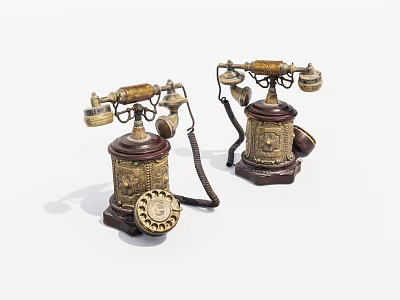 Two Vintage Telephones With Ornate Design Brass Accents And Wooden Base 3d model