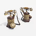 Two Vintage Telephones With Ornate Design Brass Accents And Wooden Base