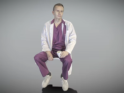 Man In Purple Scrubs And White Lab Coat Sitting On Chair With Gray Background 3d model