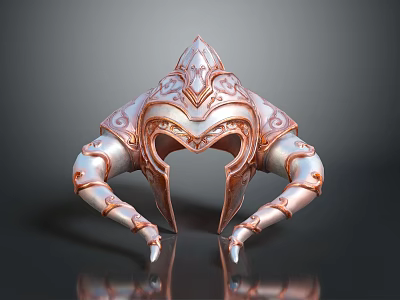 Ornate Fantasy Armor Helmet With Horned Structure And Metallic Engraved Patterns 3d model