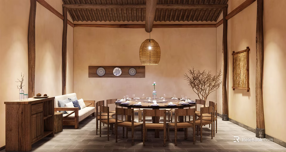 Chinese Style Private Dining Room With Round Table Wooden Chairs And Decorative Plates 3d model 