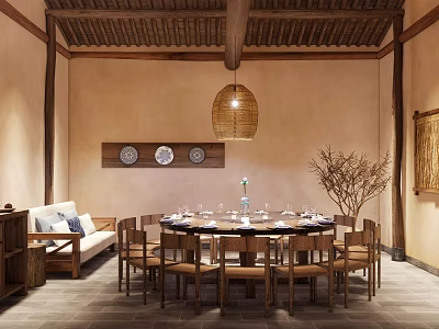 Chinese Style Private Dining Room With Round Table Wooden Chairs And Decorative Plates 3d model