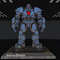 Smart Machine Blue Mech with Glowing Red Parts Standing on Black Platform