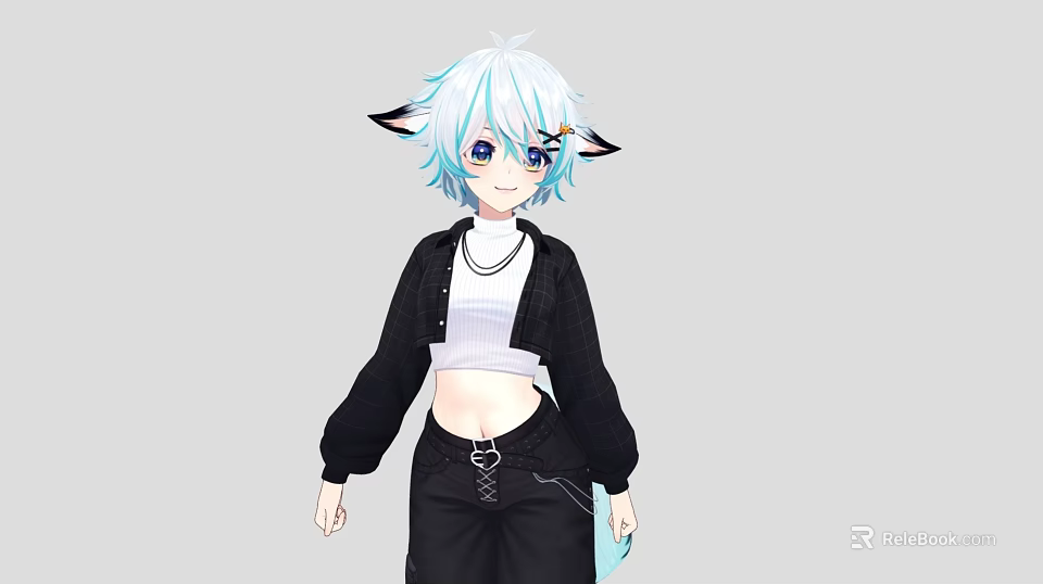 Woman with blue hair and animal ears in black cardigan white crop top black pants 3d model 