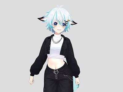 Woman with blue hair and animal ears in black cardigan white crop top black pants 3d model