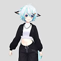 Woman with blue hair and animal ears in black cardigan white crop top black pants