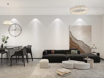 Minimalist Dining and Living Room With Black Sofa White Coffee Tables Pendant Lights Textured Art 3d model