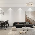 Minimalist Dining and Living Room With Black Sofa White Coffee Tables Pendant Lights Textured Art