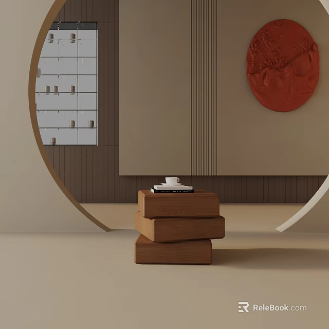 Modern Wooden Stacked Side Table In Contemporary Living Room With Red Wall Art 3d model 