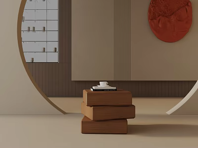 Modern Wooden Stacked Side Table In Contemporary Living Room With Red Wall Art 3d model